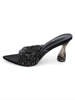 Styleloop Black And Silver Sparkle Mule Translucent Clear Pointed Toe Heels